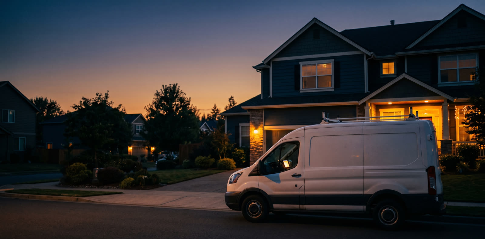 A junk removal work van outside a Phoenix home at dusk