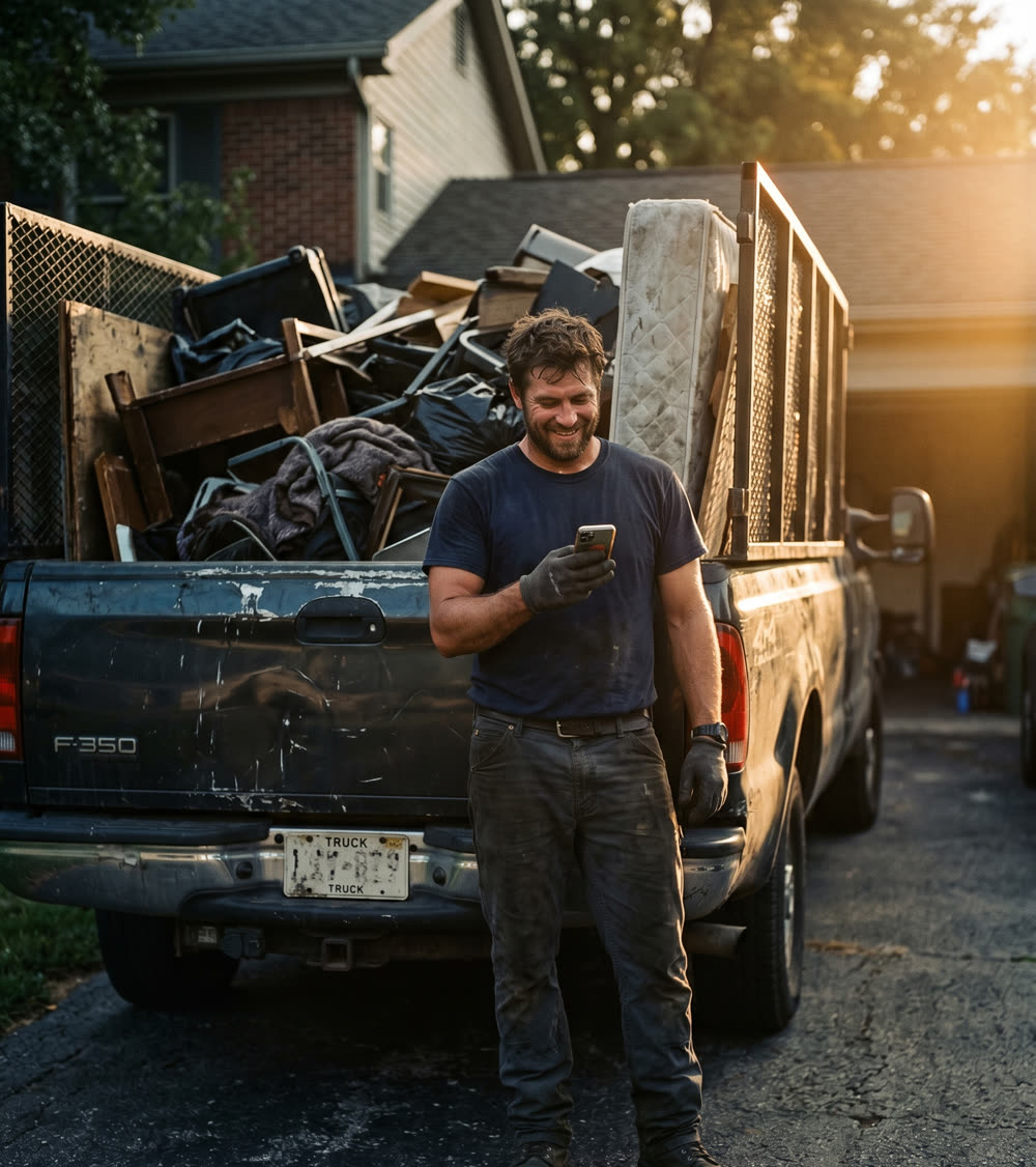 A junk removal crew loading a truck while Marvox answers their phone