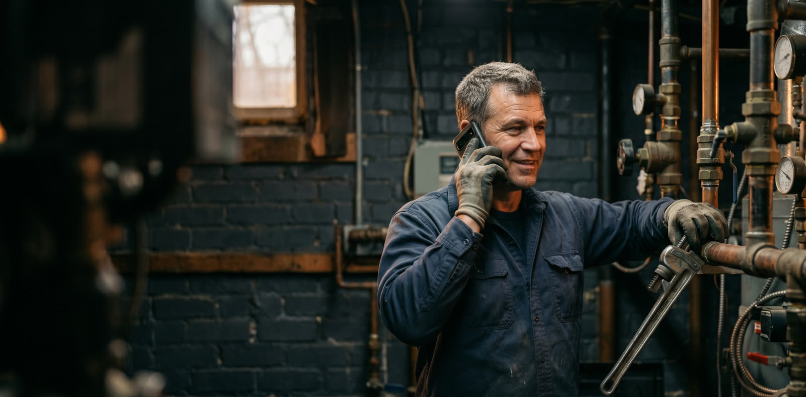 A plumber mid-job taking the one call that matters while Marvox handles the rest