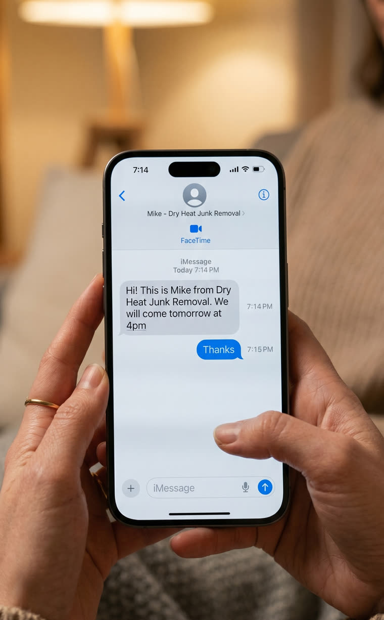 A homeowner reading a Marvox confirmation text with their booked pickup time