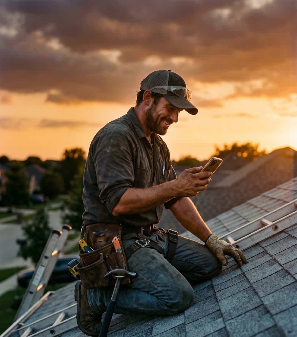 A roofer at golden hour checking the job Marvox just booked for him